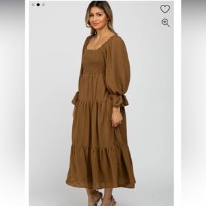 NWOT Large Pink Blush Maternity Brown square neck Smocked Dress